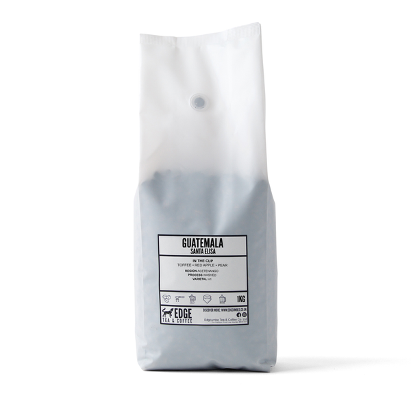 Coffee bag labeled 'Guatemala Santa Elisa' on a white background