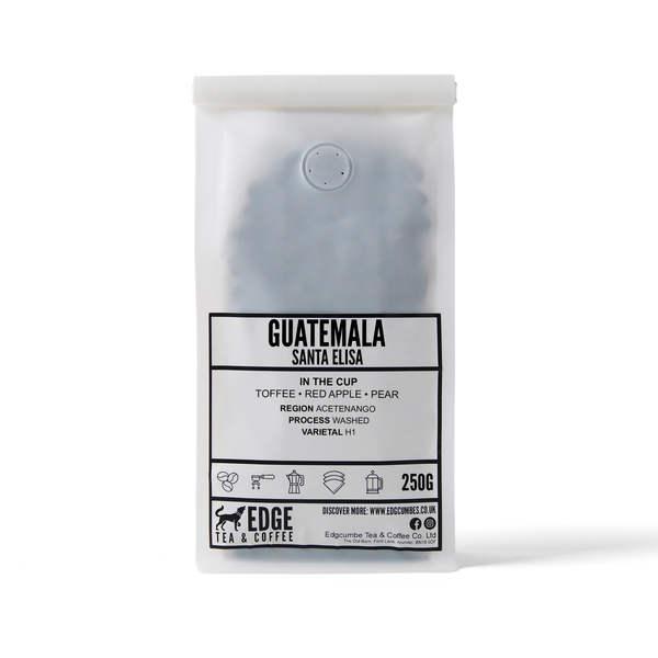 Packaged coffee from Edge Tea & Coffee with 'Guatemala Santa Elisa' on a white background