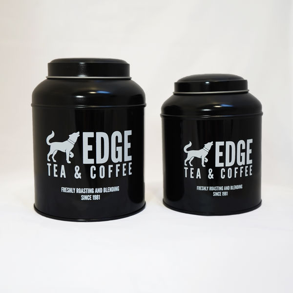 Edge Tea & Coffee branded tins